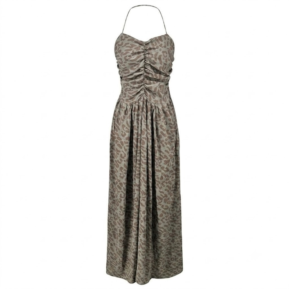Tucker Womens Medium Brown Leopard Print Halter Maxi Dress Ruched Smocked - CJ